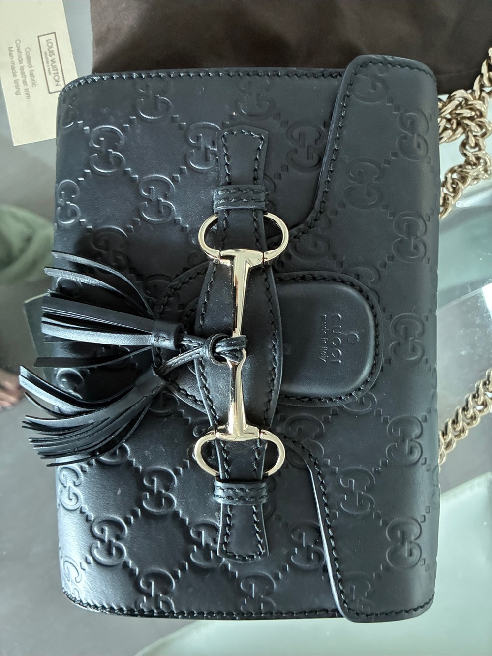 Gucci Black Leather Embossed GG Chain Crossbody with Tassel
